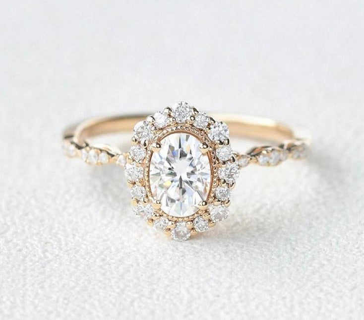 Antique 1.00 Ct Oval Cut Halo Moissanite Engagement Ring