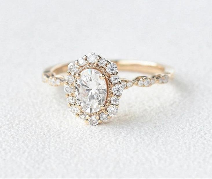 Antique 1.00 Ct Oval Cut Halo Moissanite Engagement Ring