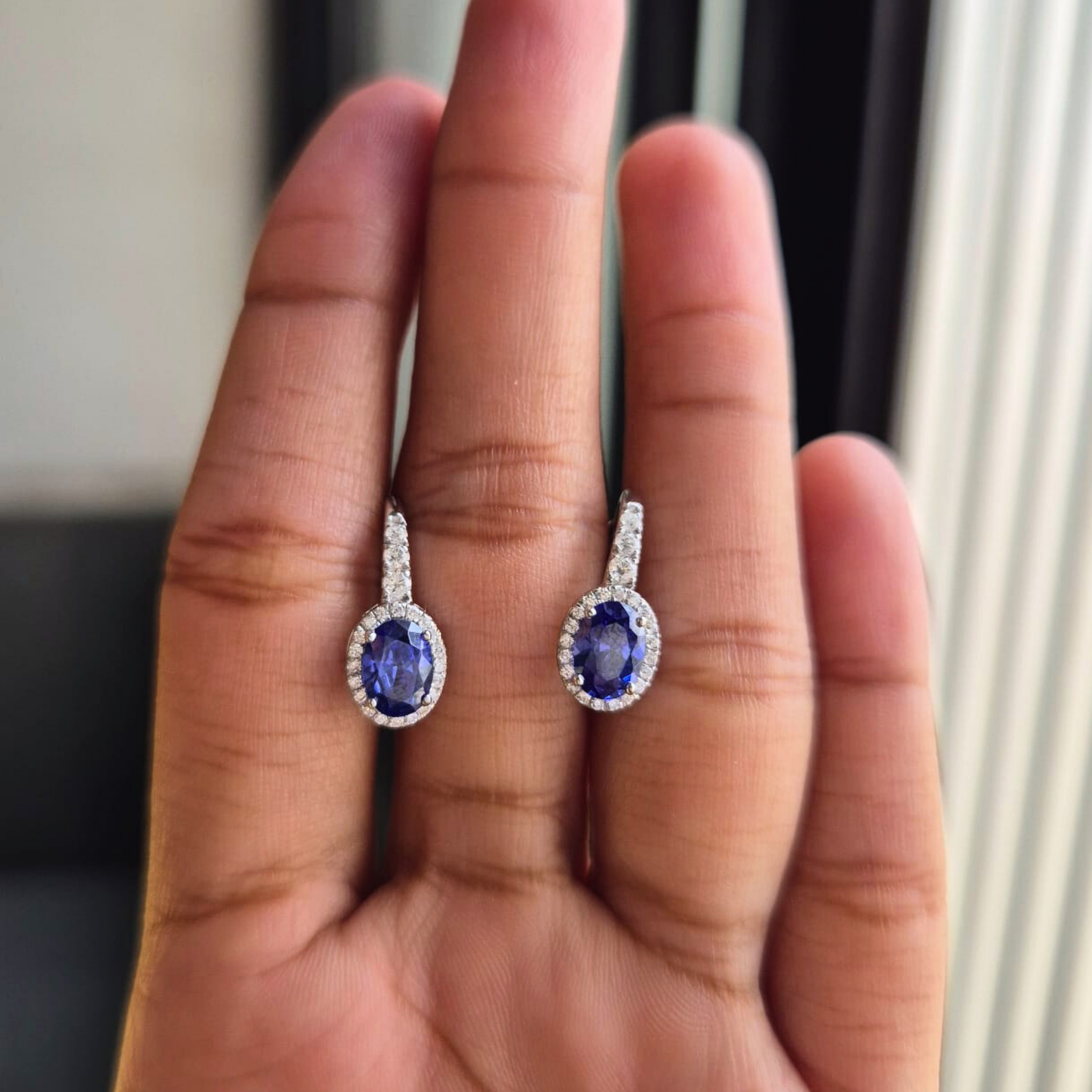 Oval Cut Halo Tanzanite Gemstone Drop Earrings