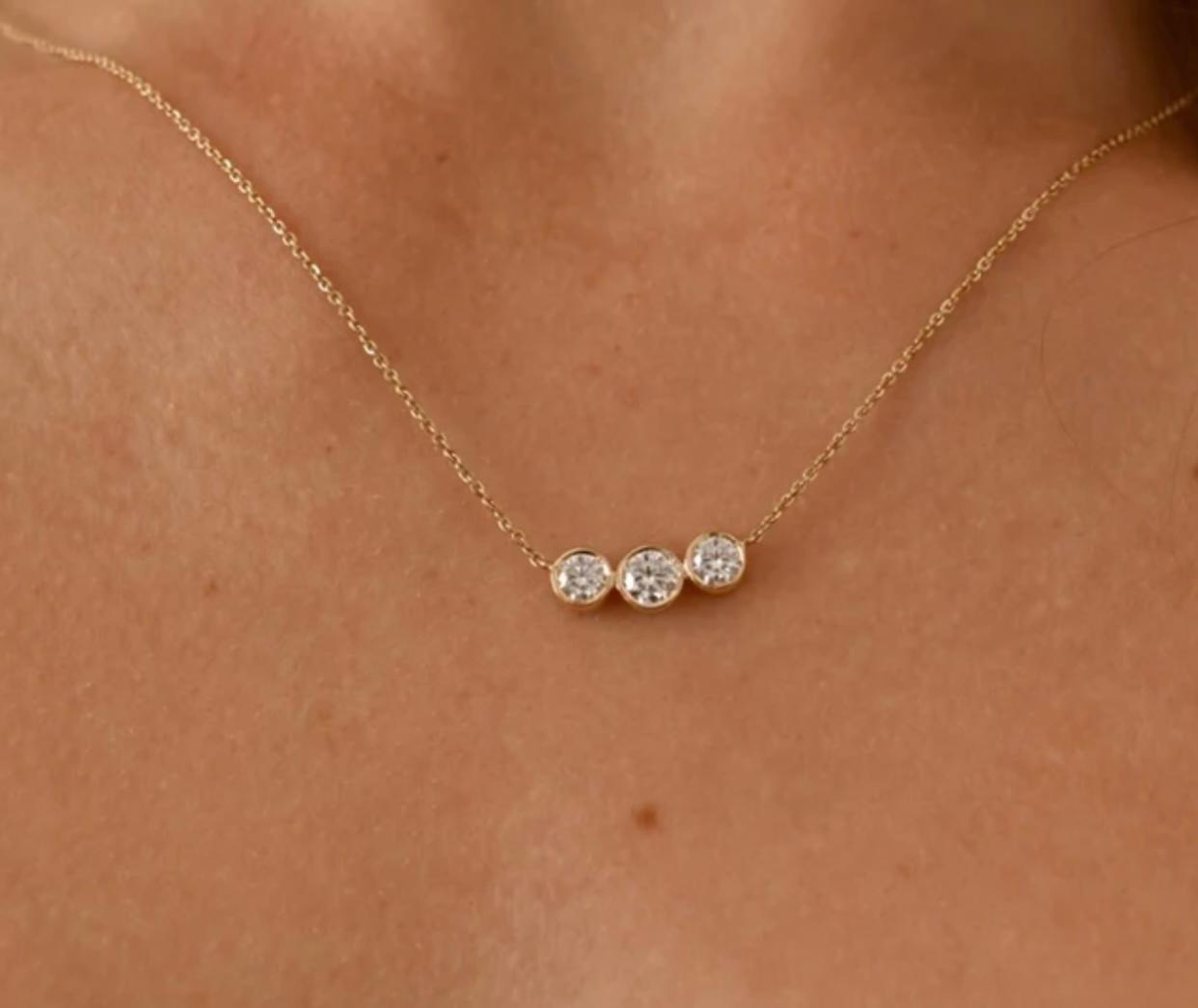 Unique Bezel Set Three Stone Round Moissanite Necklace