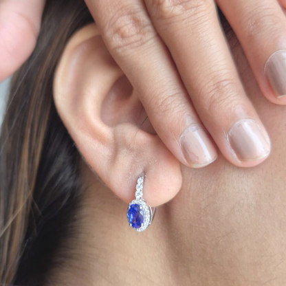 Oval Cut Halo Tanzanite Gemstone Drop Earrings