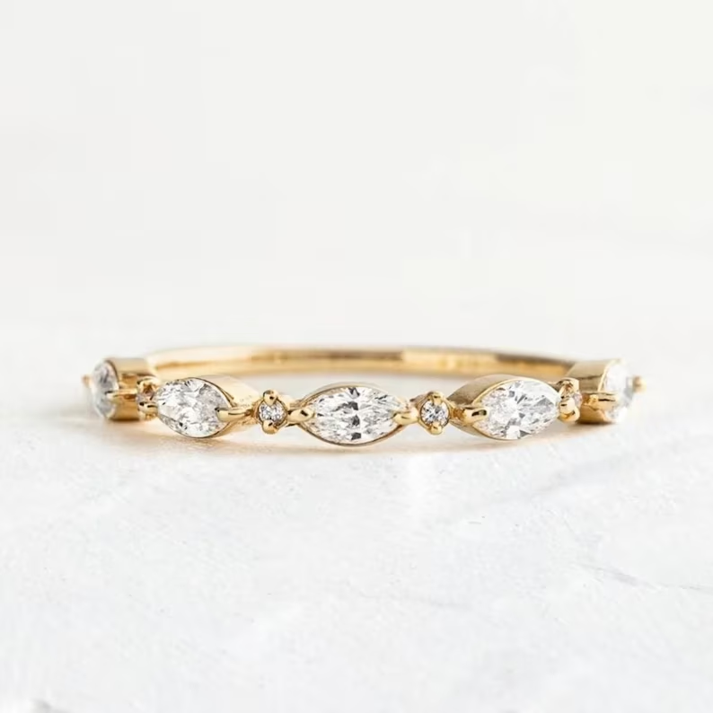 Dainty Round &amp; Marquise Cut Half Eternity Moissanite Wedding Band