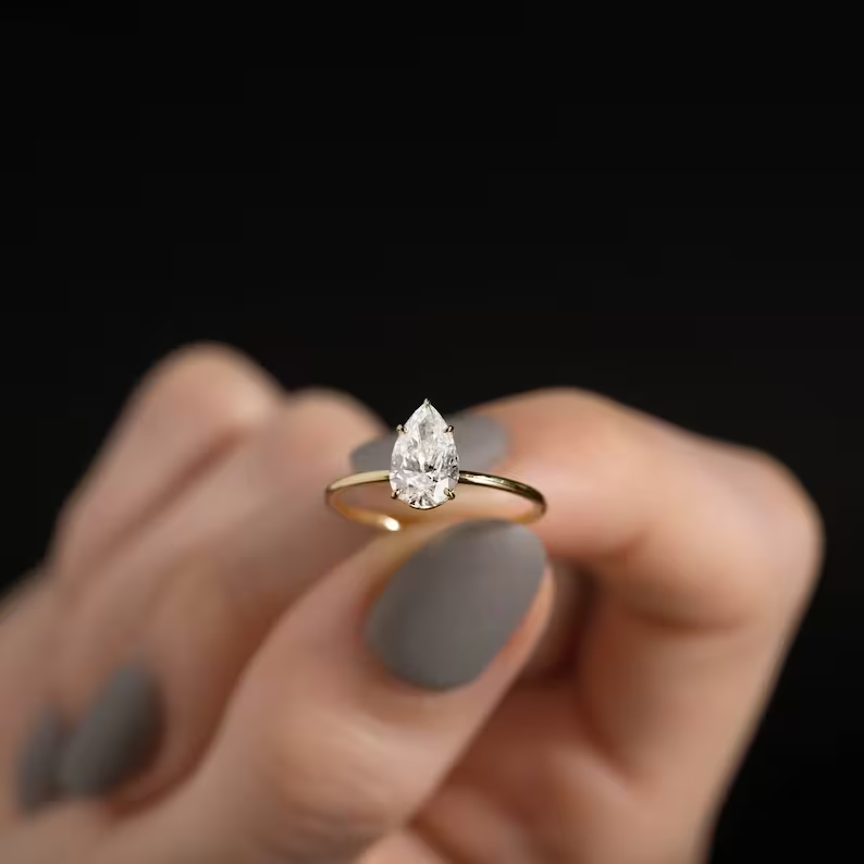 Dainty Pear Cut Solitaire Moissanite Engagement Ring