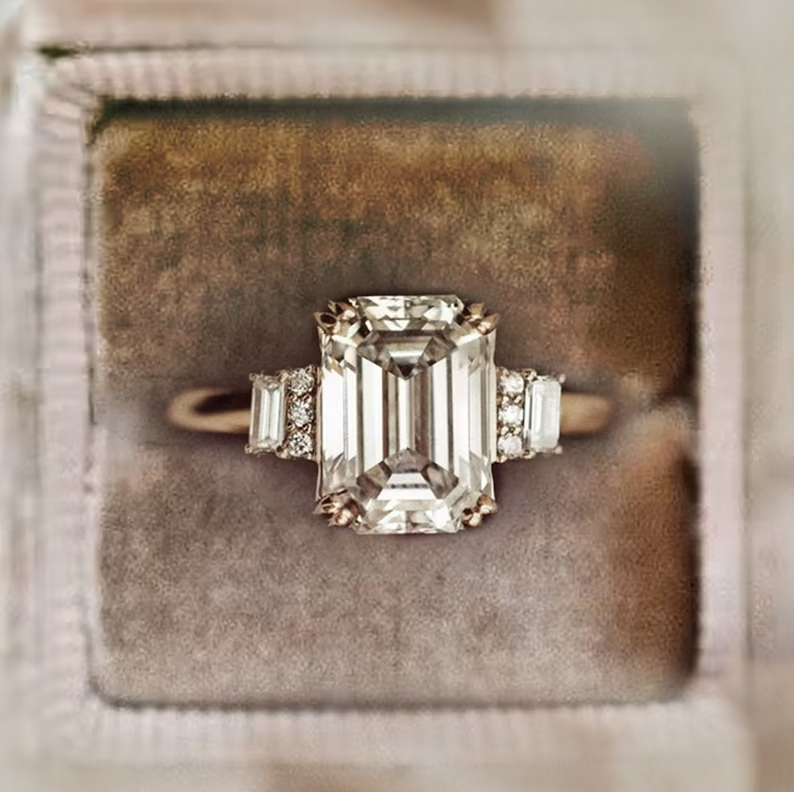 Emerald Cut Moissanite Engagement Ring In Solid Gold