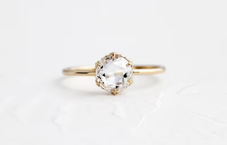 Dainty Round Rose Cut Hidden Halo Moissanite Engagement Ring