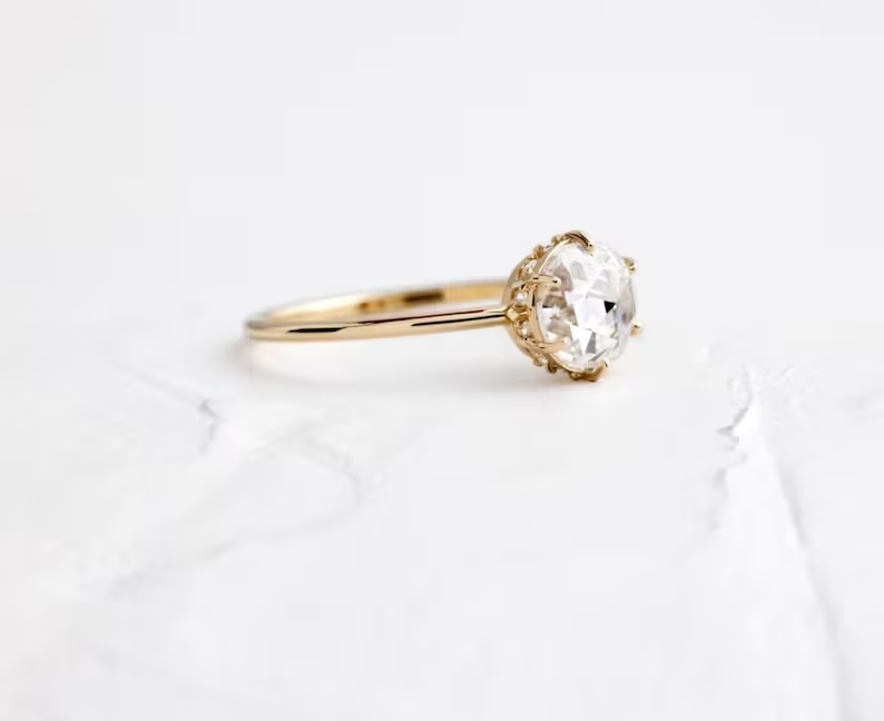 Dainty Round Rose Cut Hidden Halo Moissanite Engagement Ring