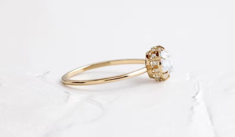 Dainty Round Rose Cut Hidden Halo Moissanite Engagement Ring