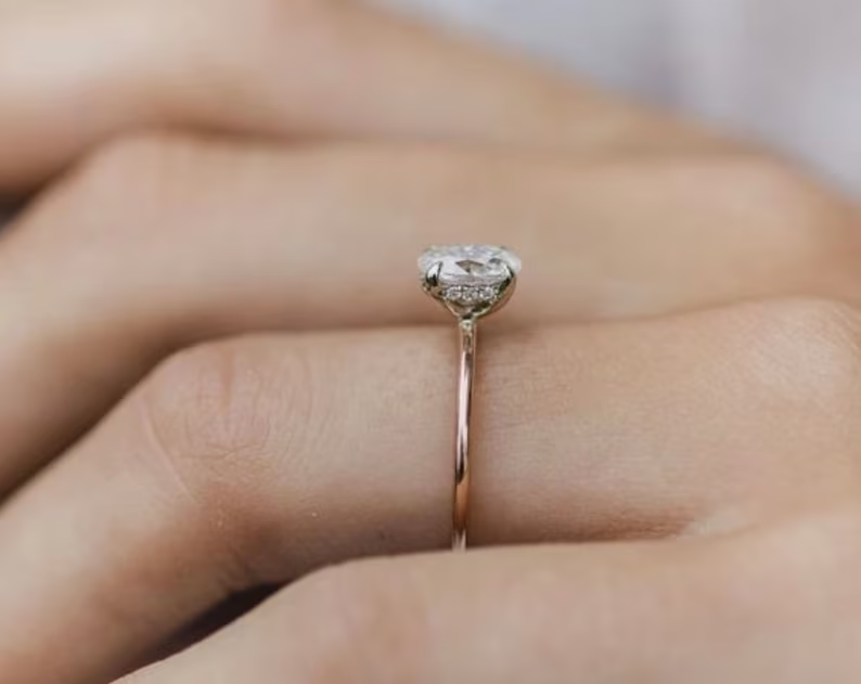 Dainty Oval Cut Hidden Halo Moissanite Engagement Ring