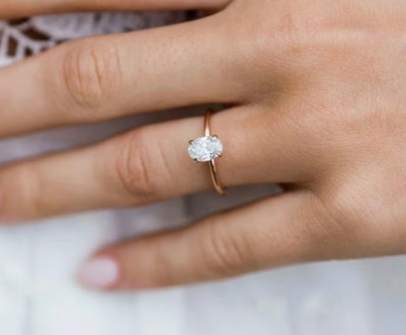 Dainty Oval Cut Hidden Halo Moissanite Engagement Ring