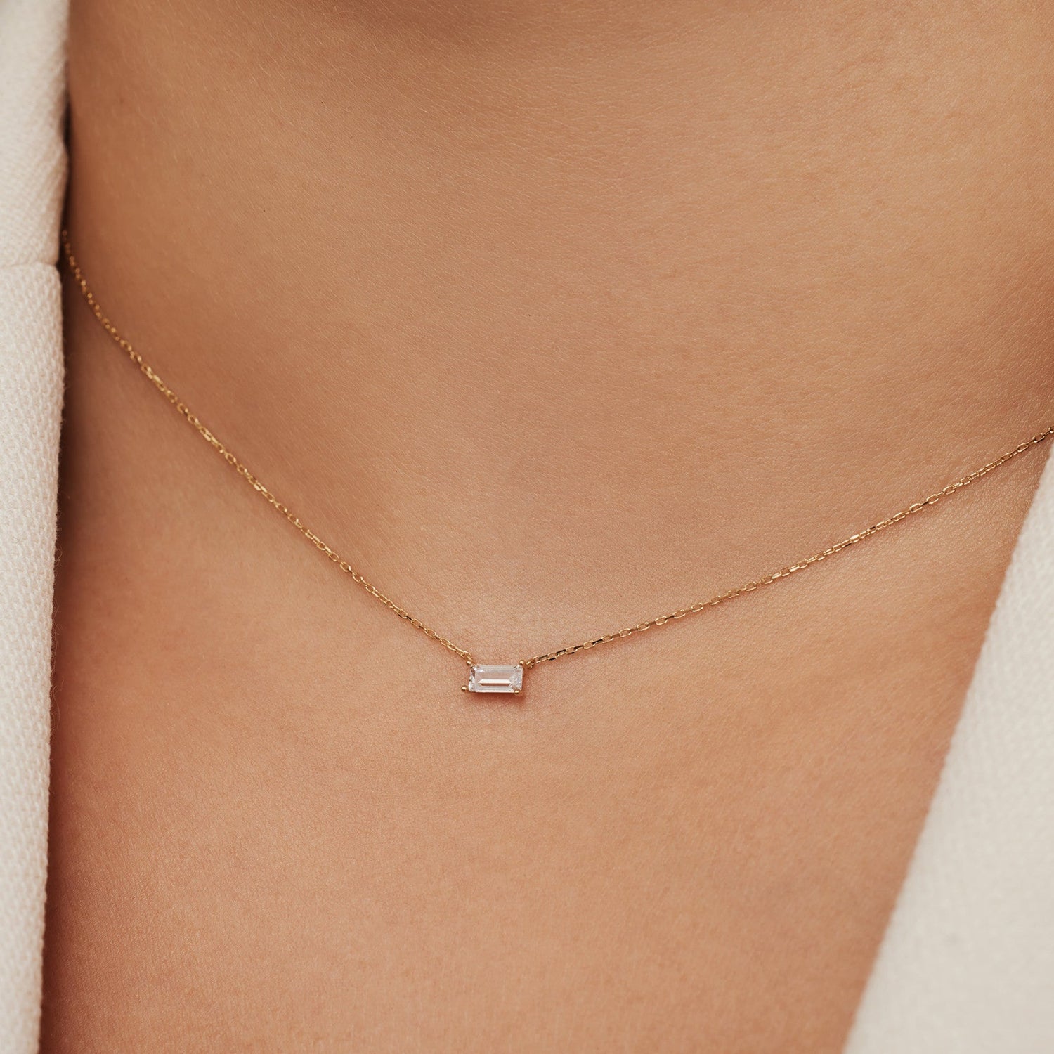 Tiny Delicate Baguette Cut Solitaire Moissanite Necklace Gift For Her