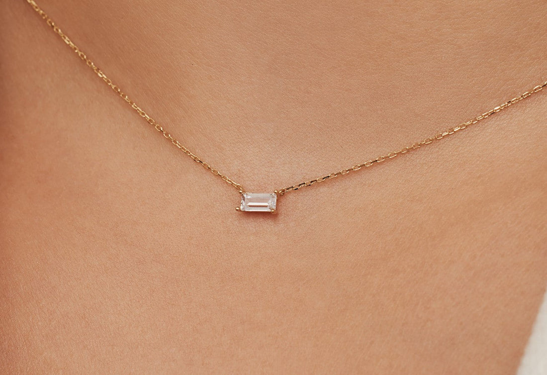 Tiny Delicate Baguette Cut Solitaire Moissanite Necklace Gift For Her