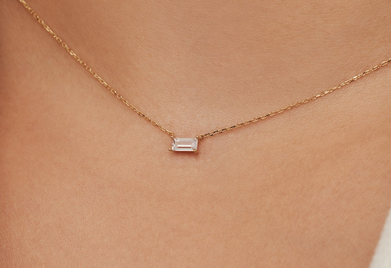 Tiny Delicate Baguette Cut Solitaire Moissanite Necklace Gift For Her